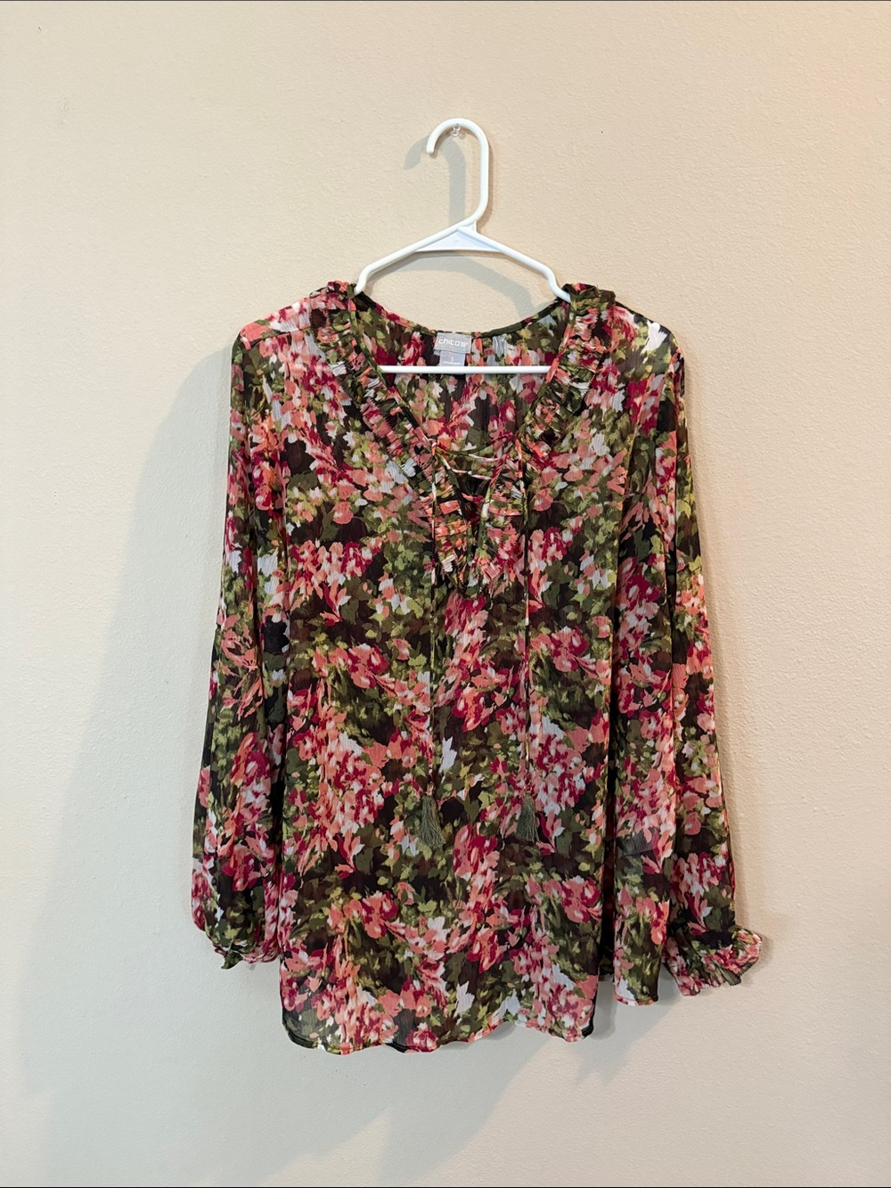 Chico's Pink & Green Floral Lace-Up Blouse